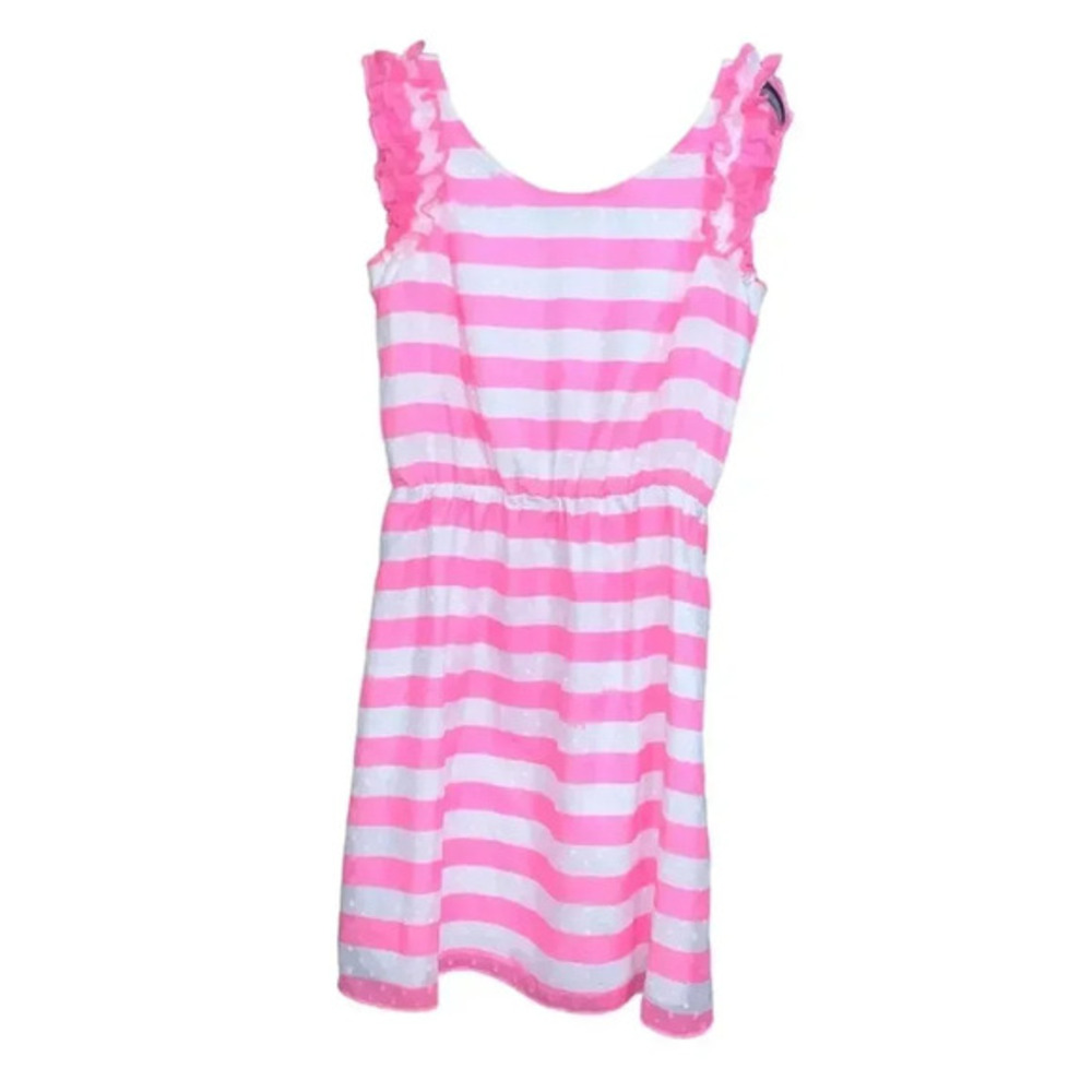Lilly Pulitzer Pink White Striped Ruffle Sleeve Preppy Summer Dress Size Large